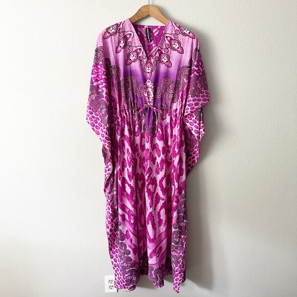 American Leisure Purple & Gold Glitter Animal Print Flowing Kaftan Dress - Picture 1 of 10